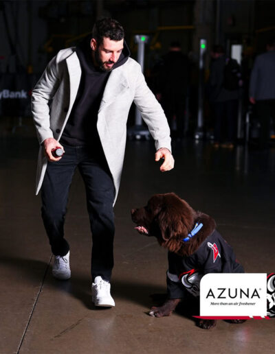 A Sabres player in a light coat tosses a treat to Mac, a fluffy brown Newfoundland puppy wearing a black Sabres jersey, sitting attentively on the rink floor looking up with his mouth open. Azuna logo in corner.